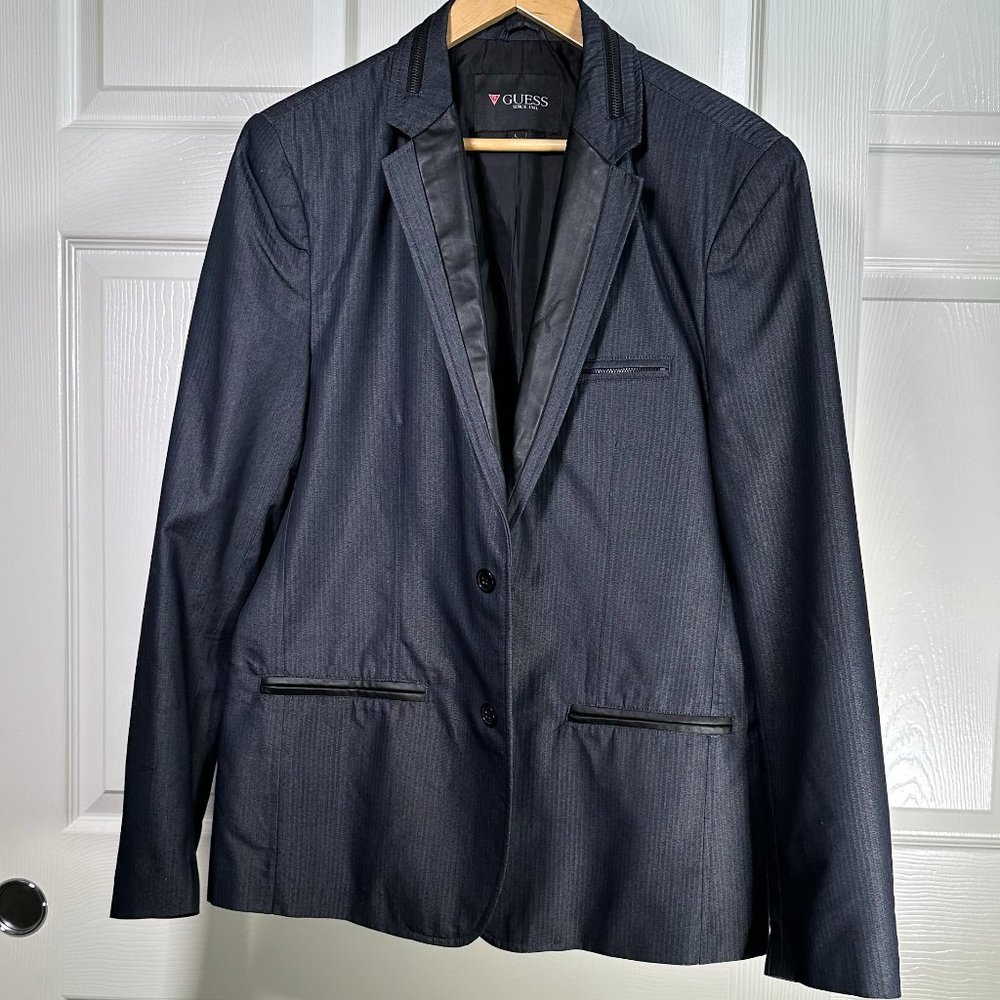 Guess Men's Navy Blue Blazer Sport Coat with Black Leather Collar  - Large